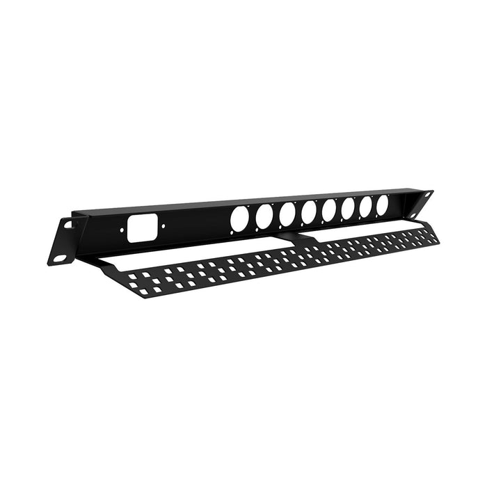 Penn Elcom - R1270-1U-IEC - 1U Reversible Tilted Rack Panel with Lacing Bar - Punched for 8 x D-Series and 1x IEC Plug.