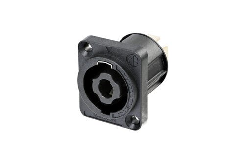NL4MPXX - Neutrik - NL4MPXX - 4 pole chassis connector, black D-size flange, countersunk thru holes, 3/16" flat tabs.