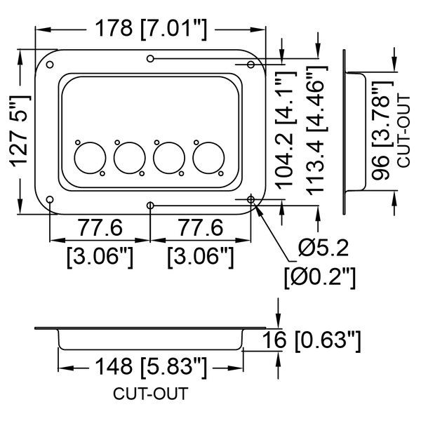 D024K - Penn Elcom - D024K - Dish Punched for 4 x D-Series Connectors - Black