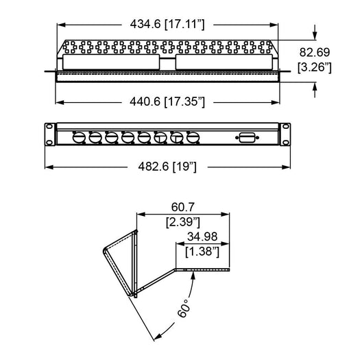 R1270-1U-IEC - Penn Elcom - R1270-1U-IEC - 1U Reversible Tilted Rack Panel with Lacing Bar - Punched for 8 x D-Series and 1x IEC Plug.