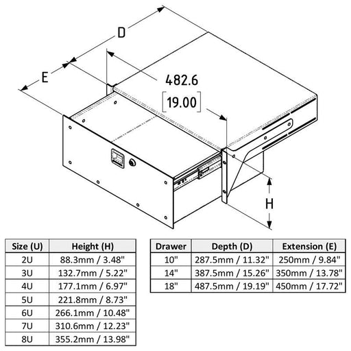 R2295-2UK - Penn Elcom - R2295-2UK - 2RU - 14" Deep Tour Grade Heavy Duty Rack Drawer - Aluminium