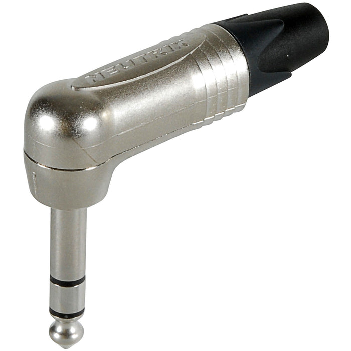 Neutrik - NP3RX - 3 pole right-angle 1/4" professional phone plug, nickel contacts, nickel shell.
