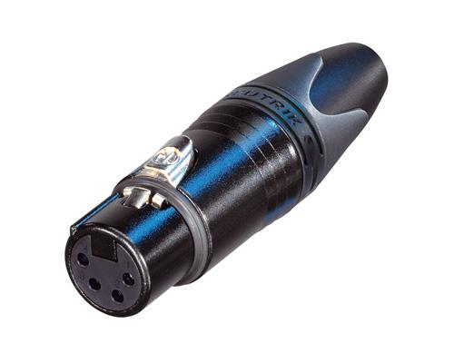 Neutrik - NC4FXX-B - 4 pole female cable connector with black metal housing and gold contacts.
