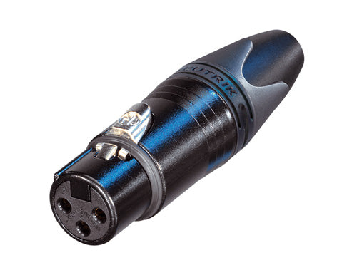 Neutrik - NC3FXX-B - 3 pole female cable connector with black metal housing and gold contacts..