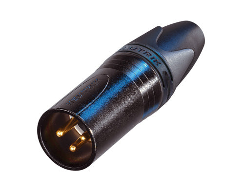 Neutrik - NC3MXX-B - 3 pole male cable connector with black metal housing and gold contacts.