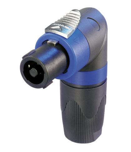 Neutrik - NL4FRX - 4 pole right-angle cable connector, chuck type strain relief, dark grey bushing.