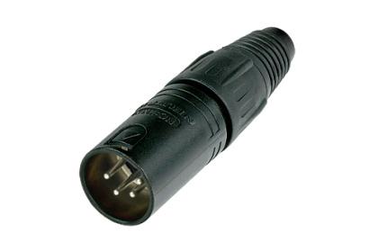 Neutrik - NC4MX-BAG -4 pole male cable connector with black metal housing and silver contacts.