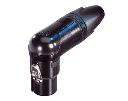 Neutrik - NC4FRX-B - 4 pole female cable connector with black metal housing and gold contacts.