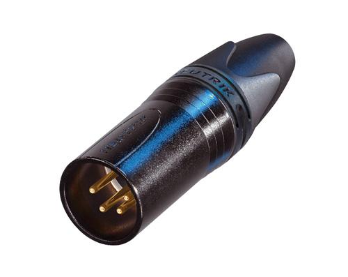 Neutrik - NC4MXX-B - 4 pole male cable connector with black metal housing and gold contacts.