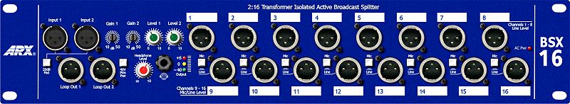 ARX - BSX 16 - 1 or 2 in, 16 out Transformer Isolated Active Broadcast Splitter