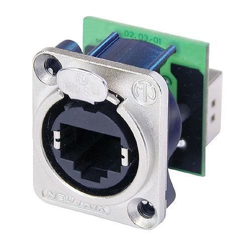 NE8FDP - Neutrik - NE8FDP - RJ45 feedthrough receptacle, D-shape metal flange with the latch lock, mounting screws included.