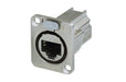 NE8FDX-P6 - Neutrik - NE8FDX-P6 - D-shape CAT6a panel connector, shielded, feedthrough, silver housing.