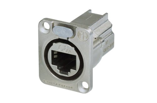 NE8FDX-P6 - Neutrik - NE8FDX-P6 - D-shape CAT6a panel connector, shielded, feedthrough, silver housing.
